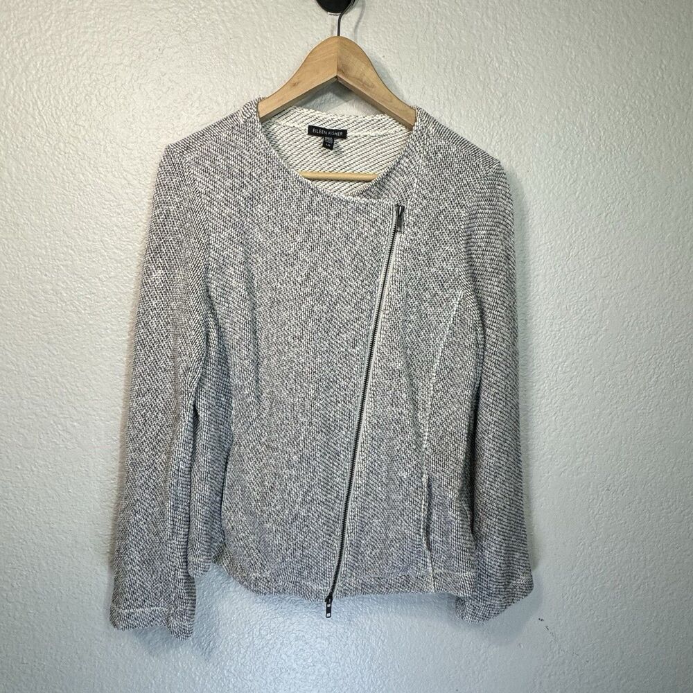 Eileen Fisher Jacket Knit Cotton Stretch Collarless Blazer Full Zip Women L